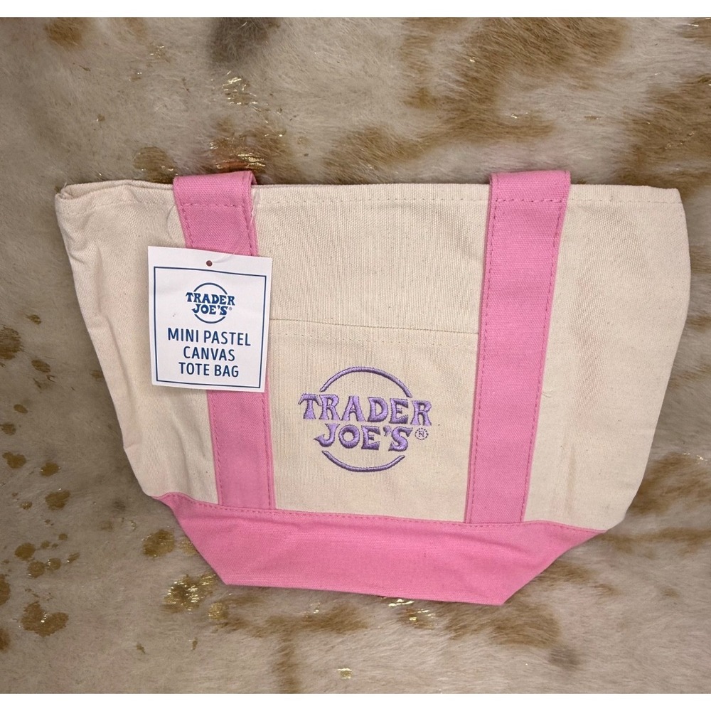 Trader Joe's Mini Pastel Canvas Tote Bag‎ Pink Limited Edition Embroidered NEW